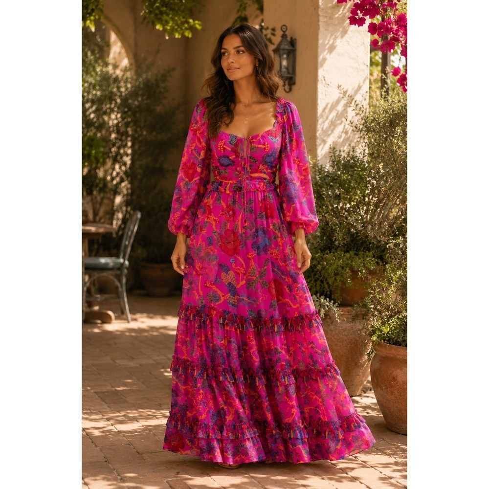 Farm Rio Sweet Forest Tiered Maxi Dress in Vibrant Pink Tropical Print Small
